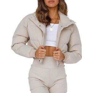 〽️Women's Khaki Uaneo Cropped Puffer Stand Collar Winter Padded Down Jacket